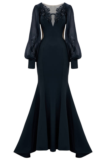 Mermaid Long Sleeve Embroidered Black Formal Dress